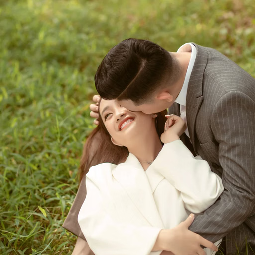 The groom kisses the forehead of the bride seated on the grass at Dinh Tỉnh Trưởng.