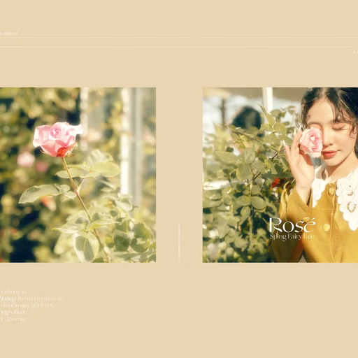 Photo collage of roses and a woman’s portrait in a Da Lat café session.