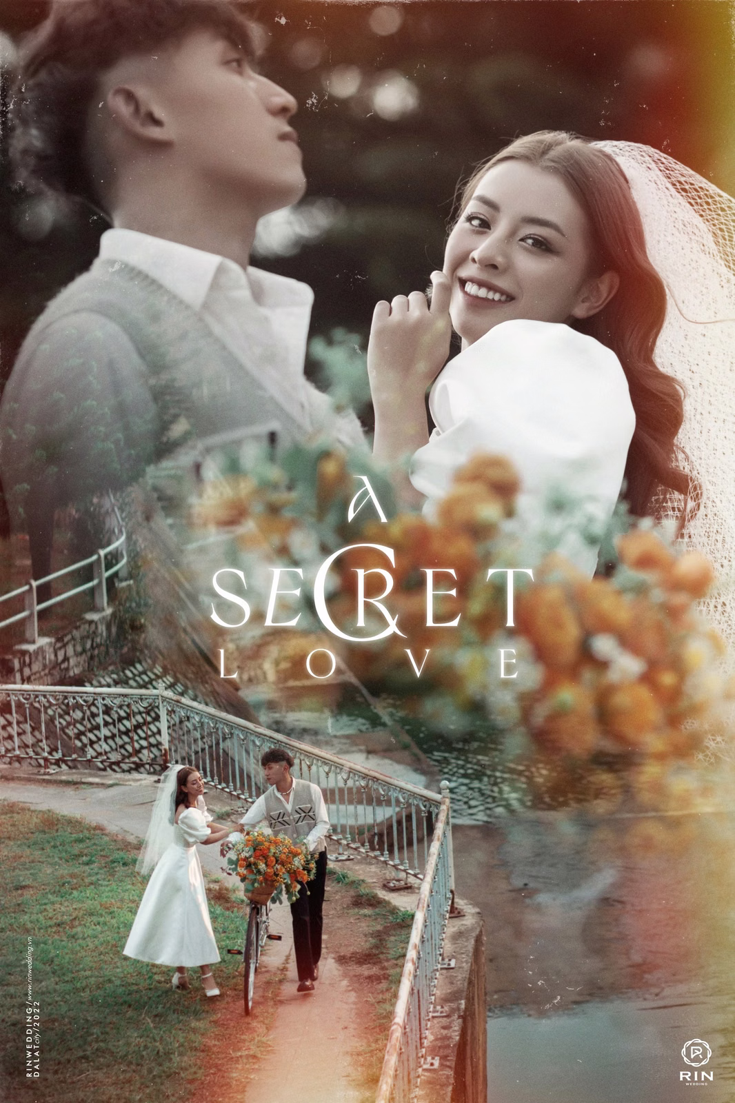 Collage of a couple beside flowers and a path at Công Viên Ánh Sáng.