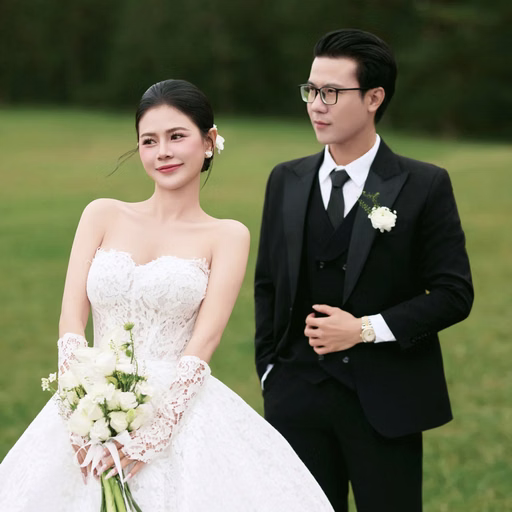 The bride beside the groom in a black suit on the lawn at Cây Thông Cô Đơn, Da Lat