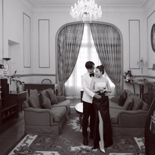 Black-and-white wedding photograph of the bride and groom in a vintage living room.