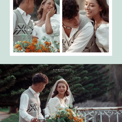 Collage of a couple beside orange flowers at Công Viên Ánh Sáng Đà Lạt.