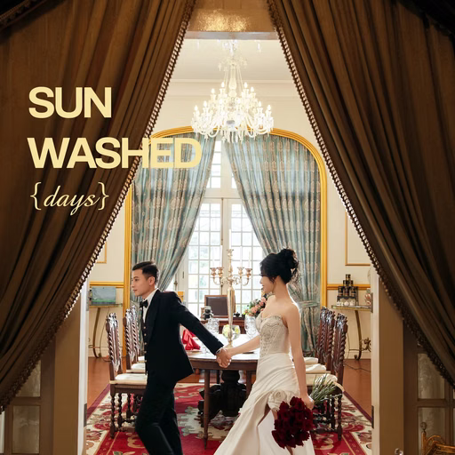 Wedding photograph of the couple beside a large window, with decorative lettering.