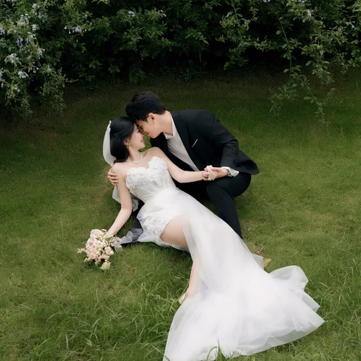 A groom supports the bride as she leans back on a garden lawn at a Đà Lạt café.