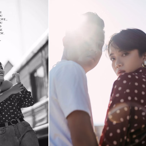 Collage of the couple playing beside the tracks at Ga Đà Lạt.