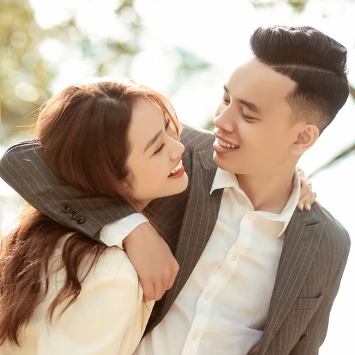 Close-up of the couple smiling at each other in sunlight at Dinh Tỉnh Trưởng.