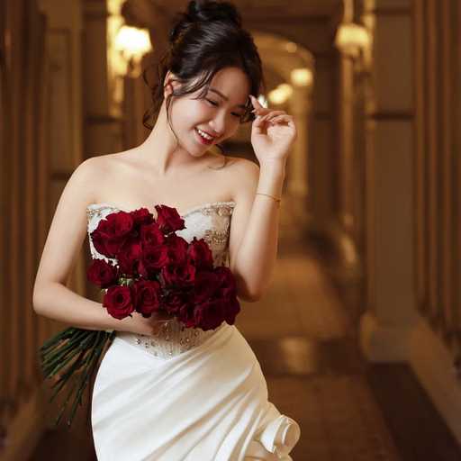 The bride smiling with a red bouquet in a classic corridor.