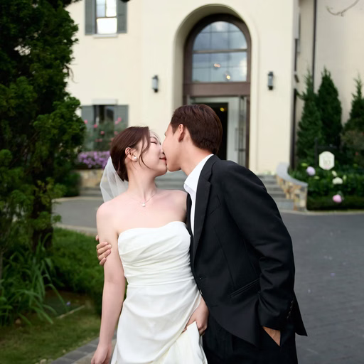 The bride and groom kissing before a white villa in a garden.