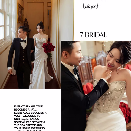 Collage of the couple in a classical hotel setting.
