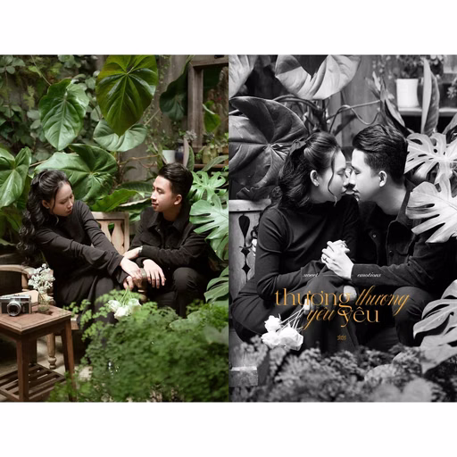 Collage of the couple seated in a café garden with white flowers.
