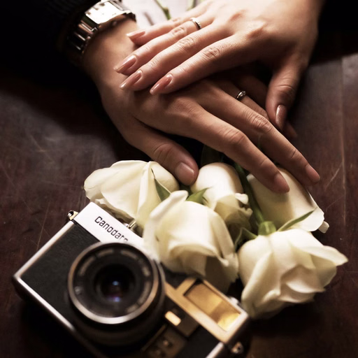 Details of rings, the couple's hands, a camera and white flowers in a Đà Lạt café photo series.