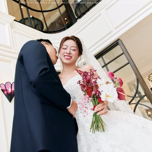 The bride smiles beside the groom on a curved staircase.