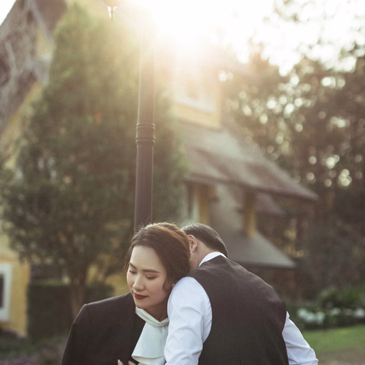 The groom carrying the bride on his back in a sunlit garden.