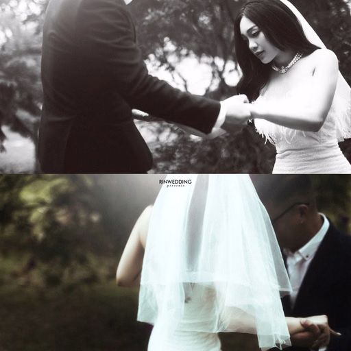 Collage of the couple holding hands and a veil in a garden.