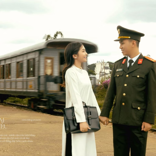 The couple holds hands before a vintage train carriage at Ga Đà Lạt.