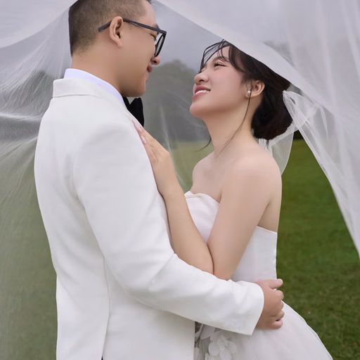 The groom embracing the bride’s waist beneath a veil at Cây Thông Cô Đơn, Da Lat