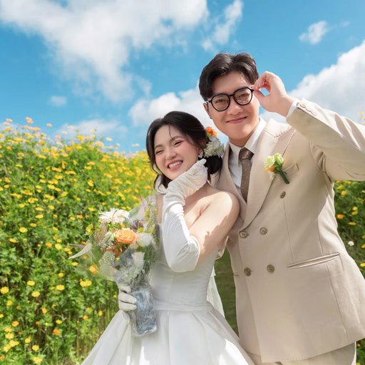 Cặp đôi mỉm cười chụp ảnh sát nhau trước vườn hoa vàng tại Hoa Trong Rừng, Đà Lạt