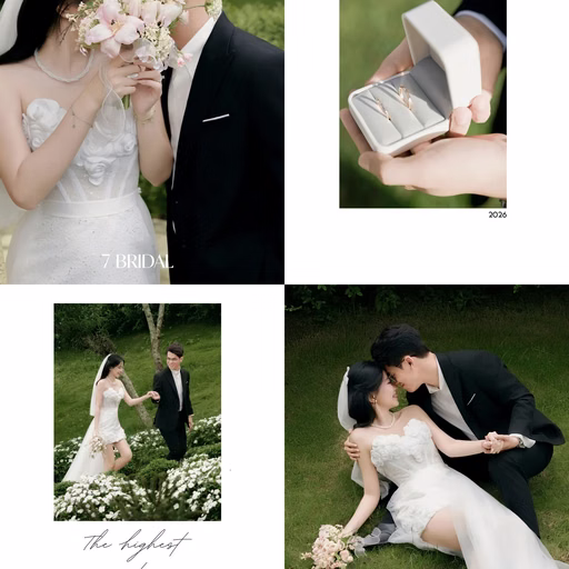 Photo collage of wedding rings and the bride and groom in a Da Lat café garden.