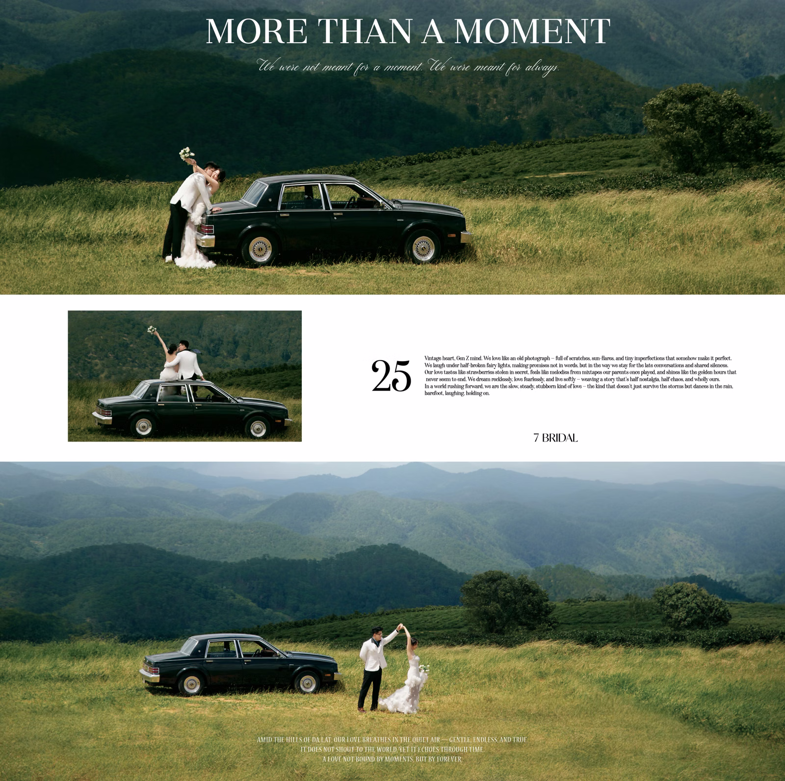 A collage of the couple posing beside a black car before forested mountains at the Cầu Đất wind farm