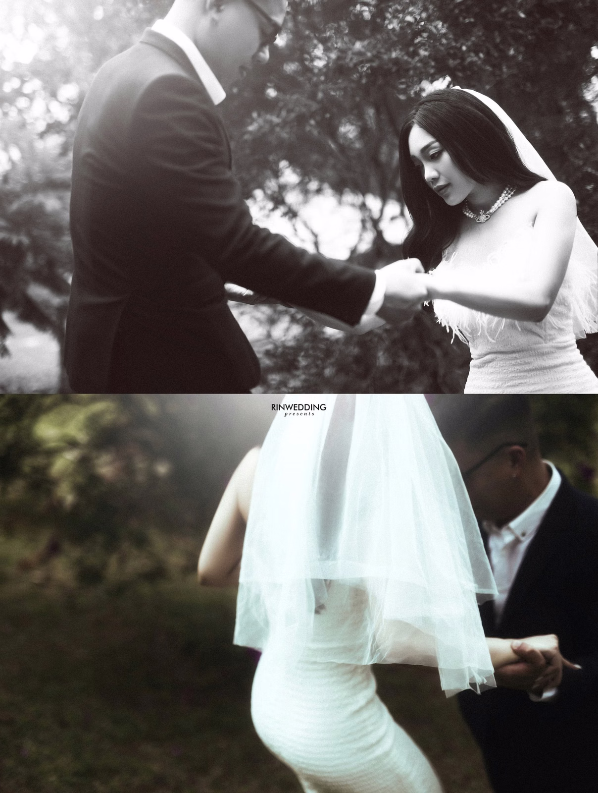 Collage of the couple holding hands and a veil in a garden.