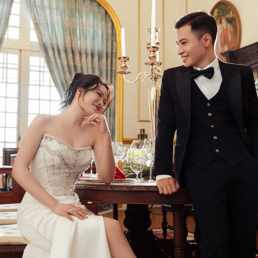 The bride sits beside a table, smiling at the groom in a black suit.