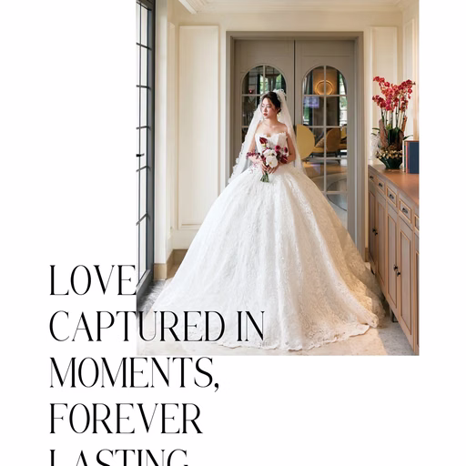 Wedding photograph design of the bride standing in a room with decorative lettering.