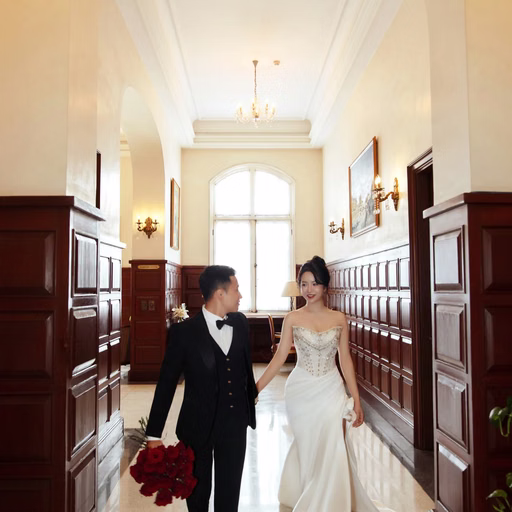 The bride and groom walking hand in hand through an arched corridor.