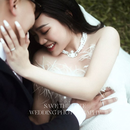 The bride leans against the groom in a wedding photograph with decorative lettering.