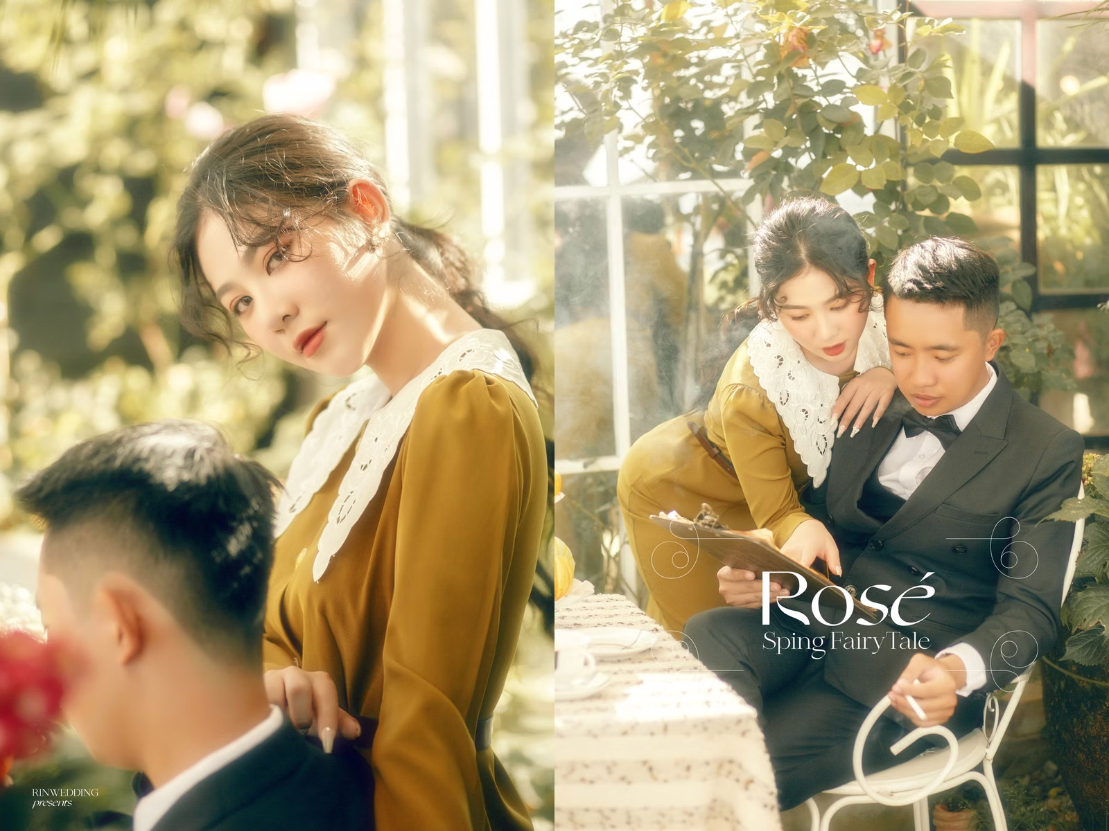 Collage of a couple enjoying tea in a sunny café.