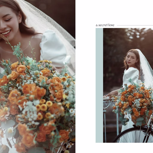 Collage of the bride and an orange bouquet in a bicycle basket.