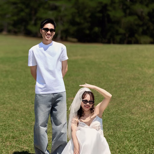 The groom in a white shirt stands beside the bride seated on the grass wearing sunglasses at Cây Thông Cô Đơn, Đà Lạt
