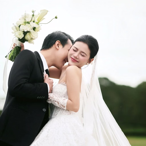 The groom kisses the bride's cheek as she holds a white bouquet at Cây Thông Cô Đơn, Đà Lạt
