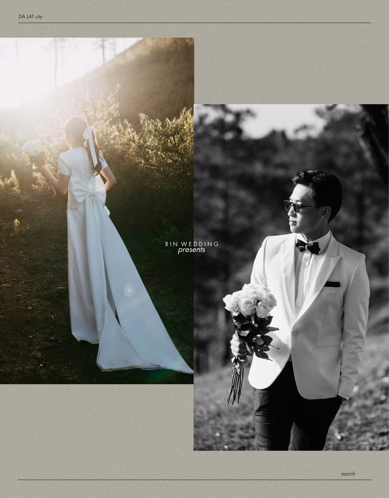 Black-and-white portrait of the groom in a light suit holding flowers at Đồi Thông Đà Lạt