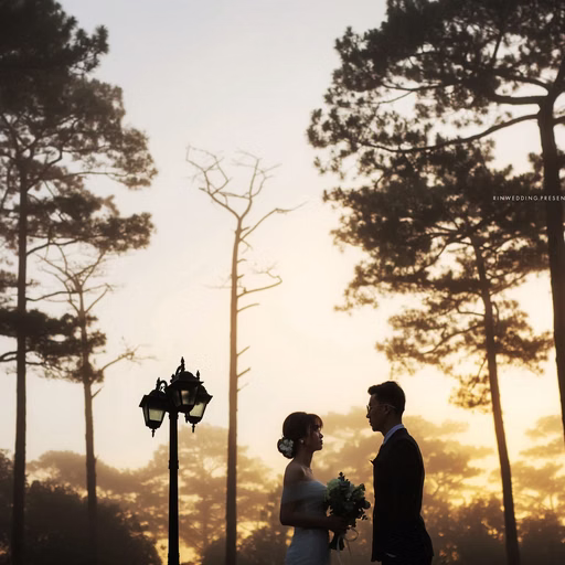 The bride and groom stand among pine trees at dawn.