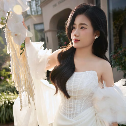 The bride holds white flowers and raises her arm beside a building at The Nest, Đà Lạt