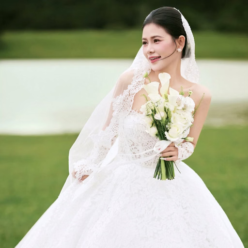 A bride holding flowers and looking to one side beside the lake at Cây Thông Cô Đơn, Đà Lạt