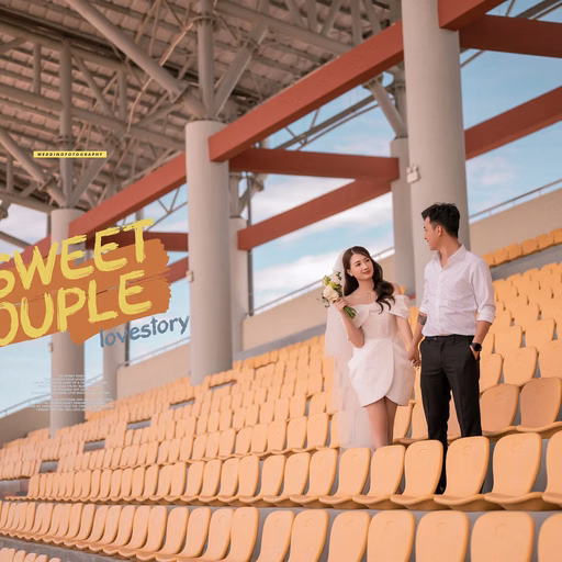 A bride and groom hold hands among yellow seating at Sân Vận Động Đà Lạt.
