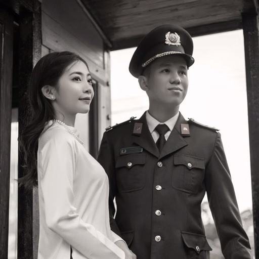 A black-and-white photograph of the couple beside a carriage door at Ga Đà Lạt.