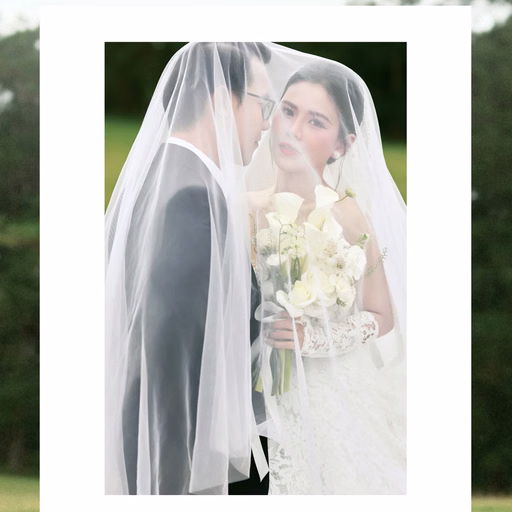 Collage of a couple beneath a veil against a meadow backdrop, with decorative lettering at Cây Thông Cô Đơn, Đà Lạt