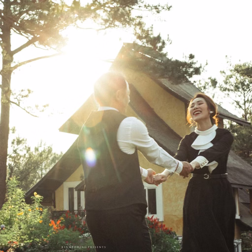 A bride and groom hold hands and play in a sunlit garden.