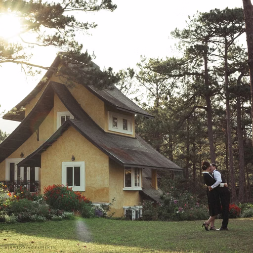 The bride and groom play on the lawn before a villa with a pitched roof.