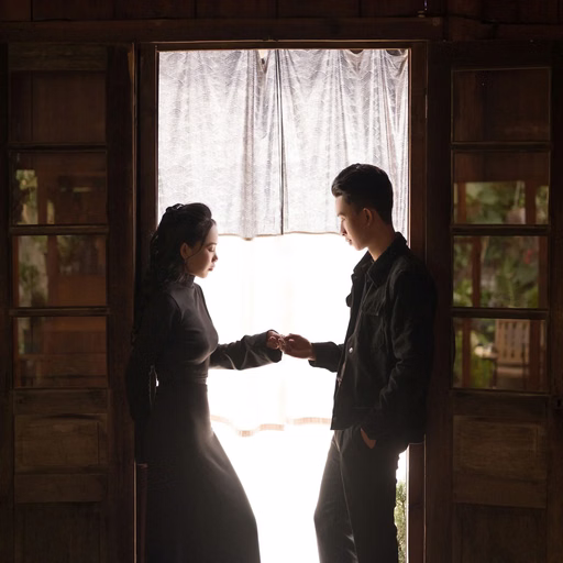A couple holds hands before a curtained window in a Đà Lạt café.