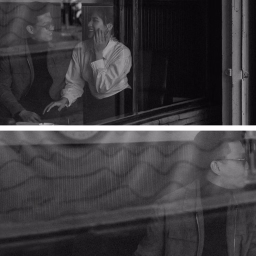Black-and-white collage of a couple beside a Đà Lạt café window.
