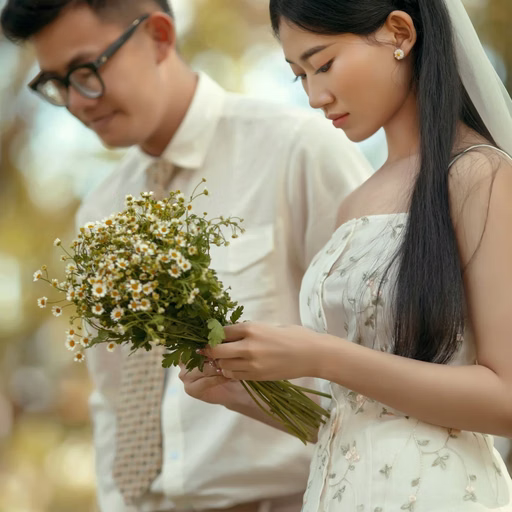 The bride and groom looking at a small bouquet in the garden of Dinh Tỉnh Trưởng.