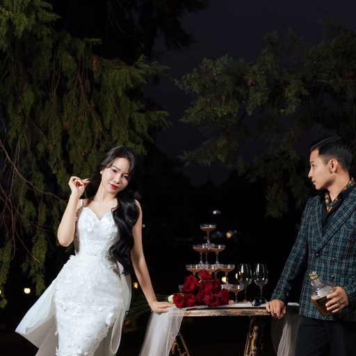 The bride raising a glass beside the groom at an outdoor evening reception table.