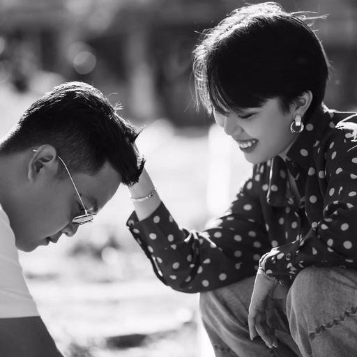 Black-and-white photograph of a couple resting their heads together at Ga Đà Lạt.