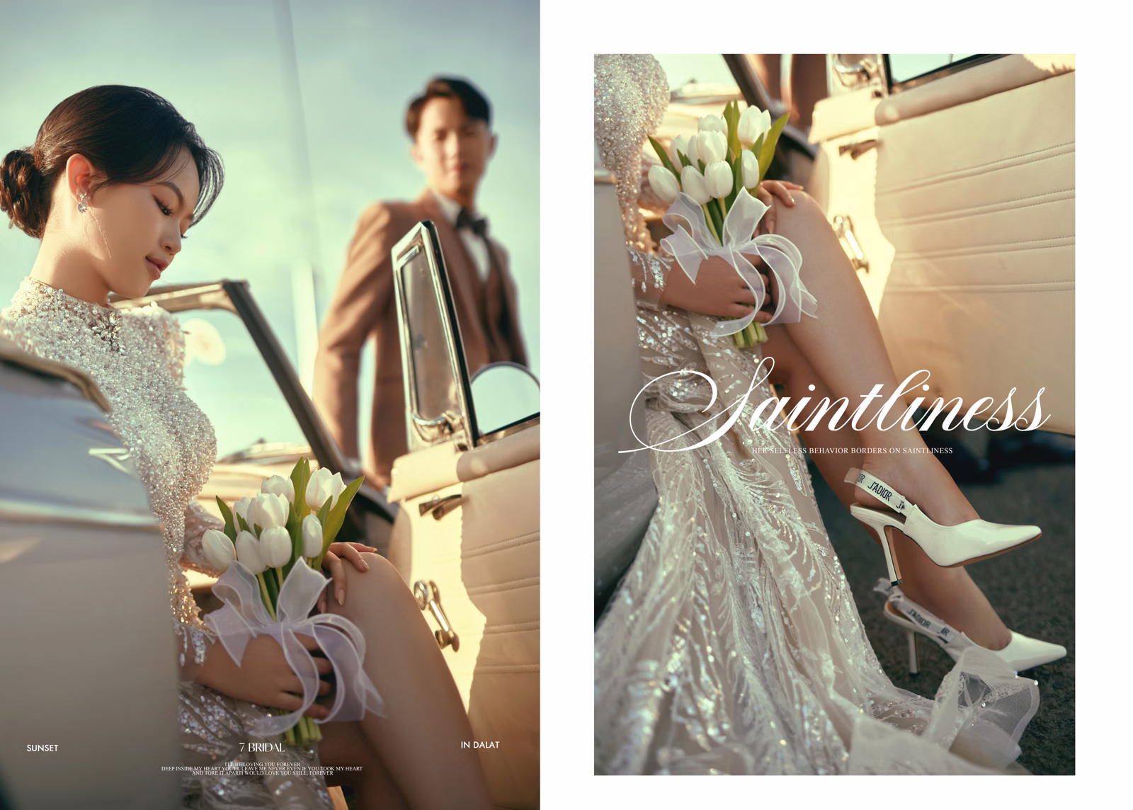 Collage of the bride holding white flowers beside a convertible at the Cầu Đất wind farm