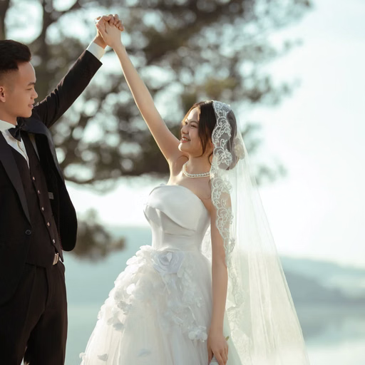 The groom raising the bride’s hand beneath the pine canopy at Cây Thông Cô Đơn, Da Lat