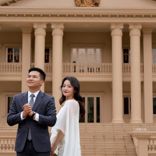 The bride in a white áo dài beside the groom at Nhà thờ Don Bosco