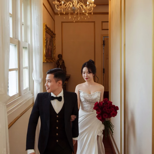 The bride and groom walking together through a corridor with chandeliers.
